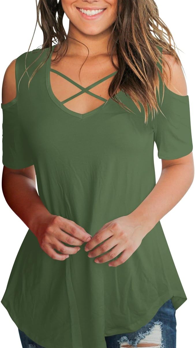 Womens Tops Criss Cross V Neck Tshirts Cold Shoulder Tee Casual Amy Green XL