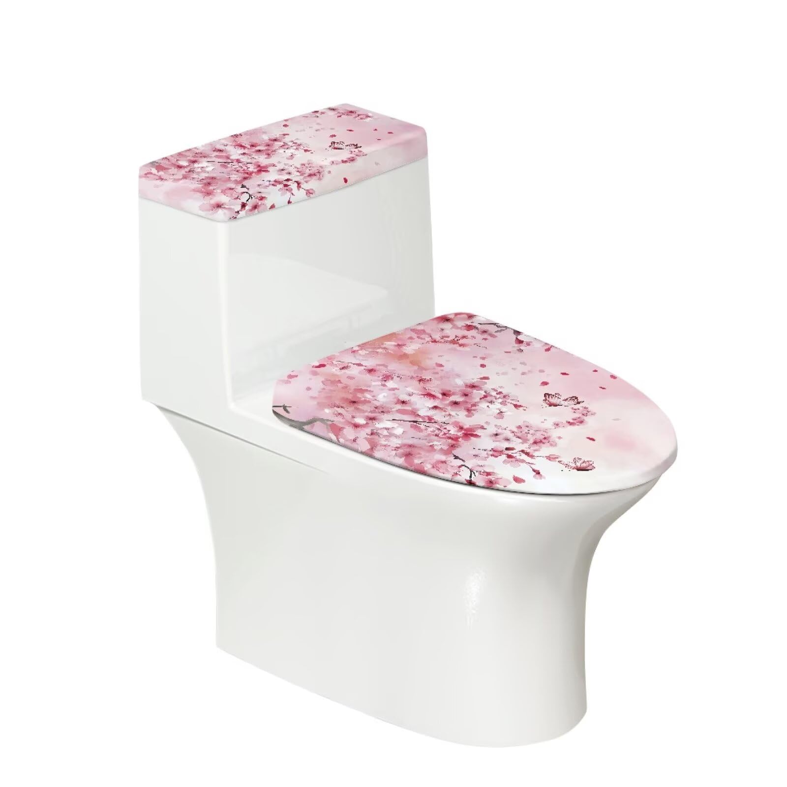 Fipuivrn Butterfly Cherry Blossom Pattern Toilet Lid and Tank Cover, Stretchable Toilet Lid Tank Protector Anti Slip Bathroom Decoration Accessories Fits Most Bath Room