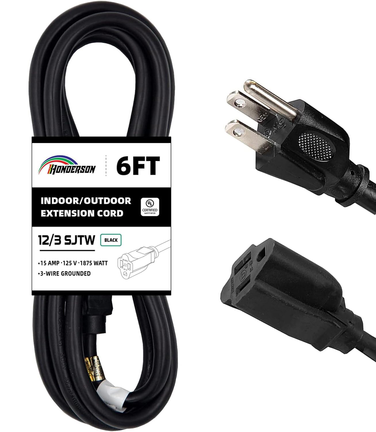 HONDERSON Indoor Outdoor Extension Cord Weatherproof, UL Listed, 12 Gauge 6FT Black 3 Prong Heavy Duty, 12/3 SJTW 15A Power Cord for Outdoor Lights,