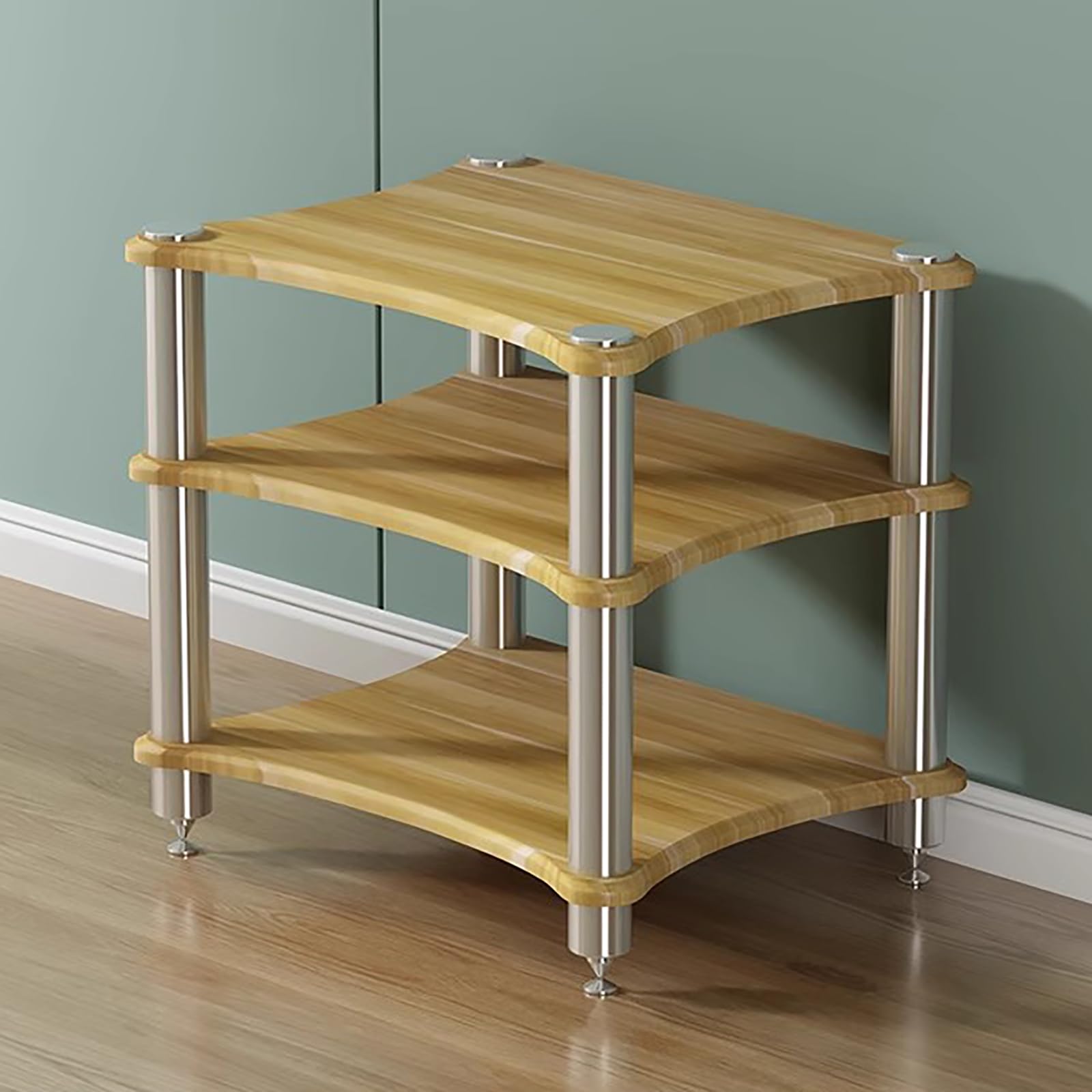 Nowoczesny 3-poziomowy drewniany stojak AV z uchwytem ze stali nierdzewnej, stojak na płyty CD/DVD do domowego biura i centrum rozrywki, stylowy żółty, 60 cm szer. x 48 cm gł. x 62,2 cm wys