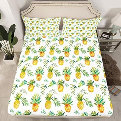 Pineapple Bed Sheet Set Queen Size Tropical Fruit Print Fitted Sheet for Kids Boys Girls Decor Fresh Pineapple Pattern Bedding Set Microfiber Leaf Bed Cover Deep Pocket Green Bed Set 617 vb5+ceL. SS400