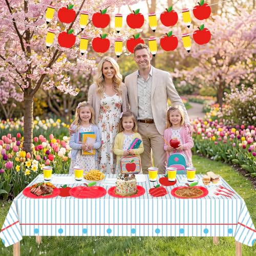 122 Pcs Back to School Decorations Set, Includes Apple Paper Plates Napkins, Notebook Dessert Plates Tablecloth, Cups, Banner and Forks for All Grades First Day of School Decor Party Supples, Serve 24 — view 2