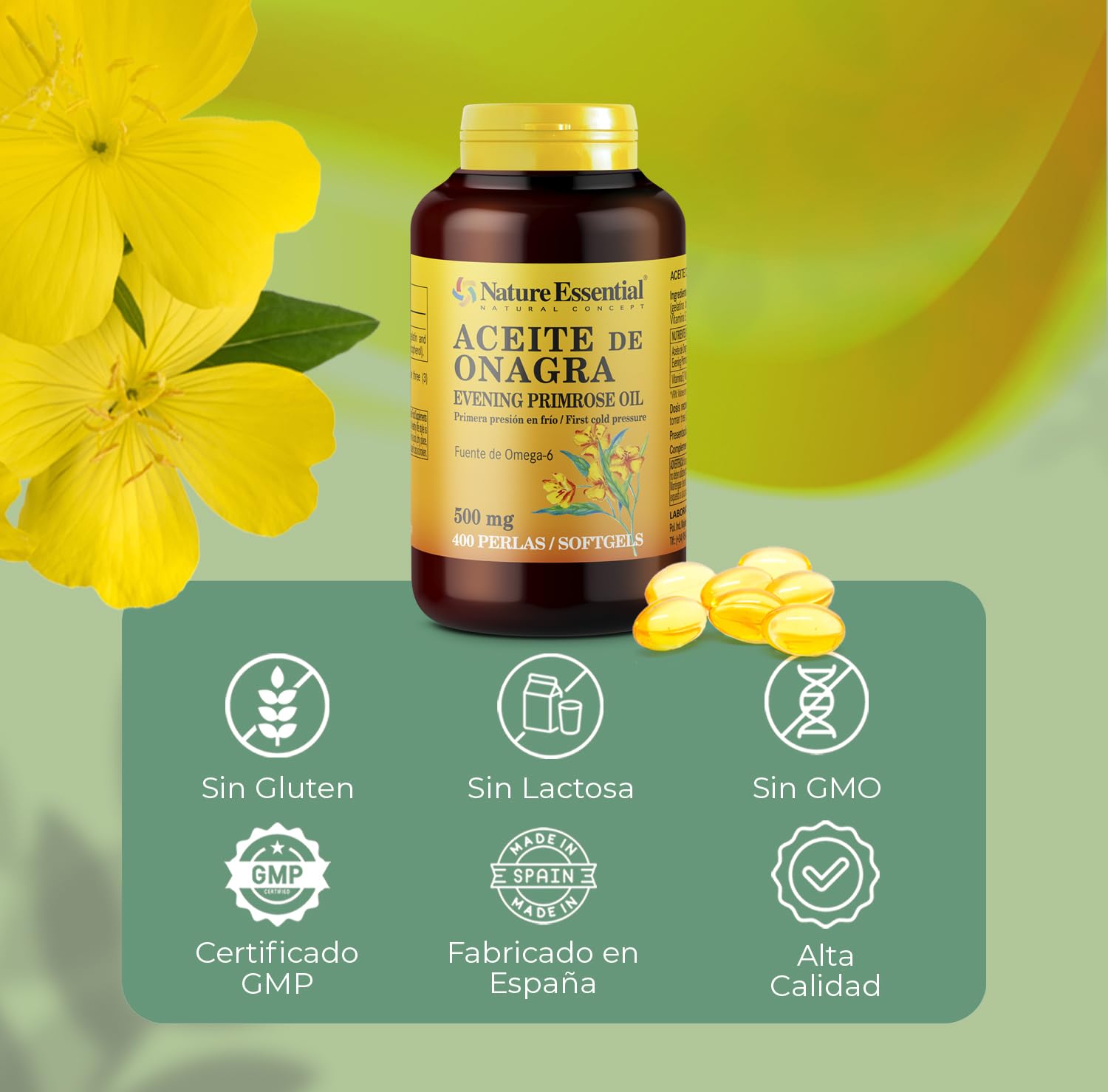 Nature Essential | Perlas de Aceite de Onagra 500 mg | 400 Perlas | Con Vitamina E | Fórmula para el Bienestar Femenino