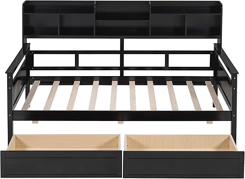 Miniatura 15 de Merax Sofá cama individual con listones de madera, soporte moderno sofá cama con rieles, tamaño individual, blanco marfil Marfil blanco,Espresso
