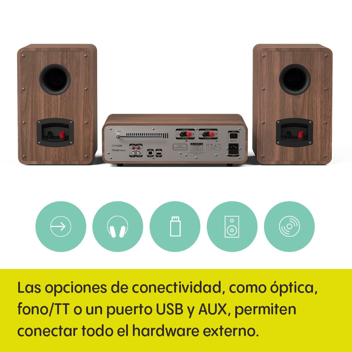 Pure Sistema de música HiFi estéreo clásico - Radio Internet, Dab+/FM, Bluetooth 5.2, Reproductor de CD, USB, Spotify Connect, AUX, Entrada óptica, Sonido Estéreo 100W - Coffee Black/Walnut