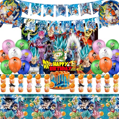 44PCS Dragon Ball Birthday Party Supplies: Banner Cake Topper Tablecloth Backdrop Cupcake Toppers Balloons Aluminum Balloons