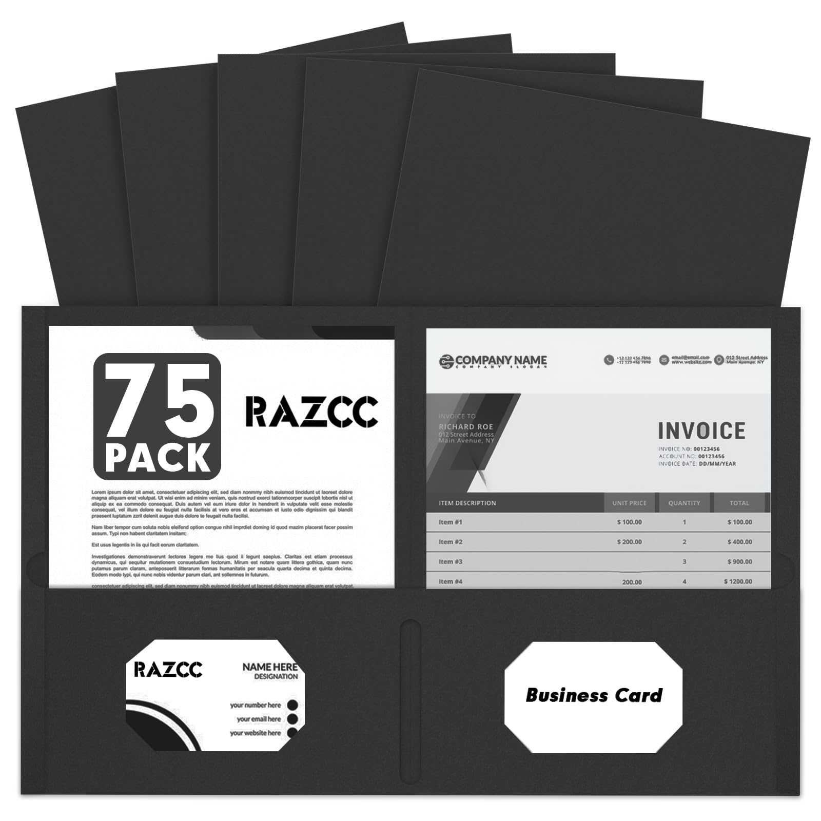 Two Pocket Folders, RAZCC 75 Pack 2 Pocket Folders Fit Letter Size Paper, Paper Folders with Pockets for School Office Business Home (Black)