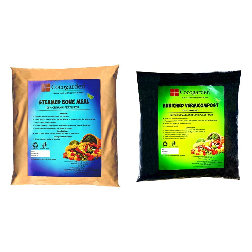 Coco Garden Steamed Bone Meal- Organic Npk(3-15-0) Fertilizer - 900 g and Coco Garden Enriched Vermicompost 8 Kg - Effective and Complete Plant Food, Black