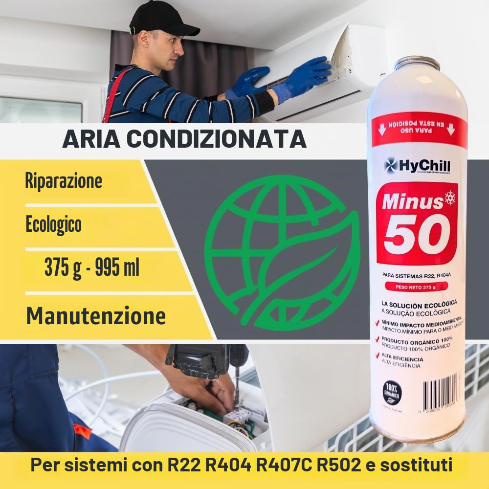 HyChill Minus 50 Gas Refrigerante Ecologico Isobutano - Alternativa Compatibile R22 e R404 - Sostituisce R407 e R502 - Confezione Gas Organico (1 Bottiglia + Valvola)