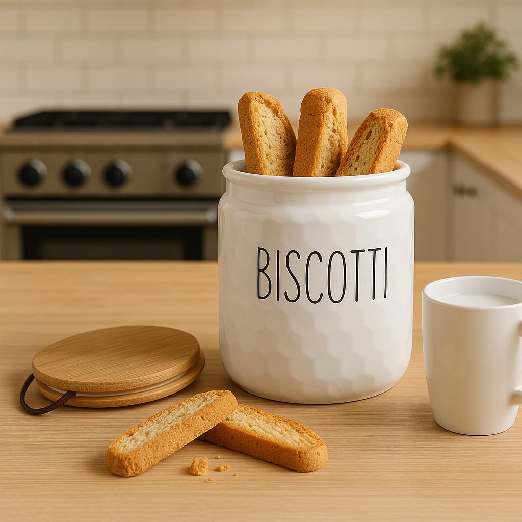 Barattolo Biscottiera, Porta Biscotti, Contenitore Cucina, in Ceramica Effetto Martellato, Tappo in Legno