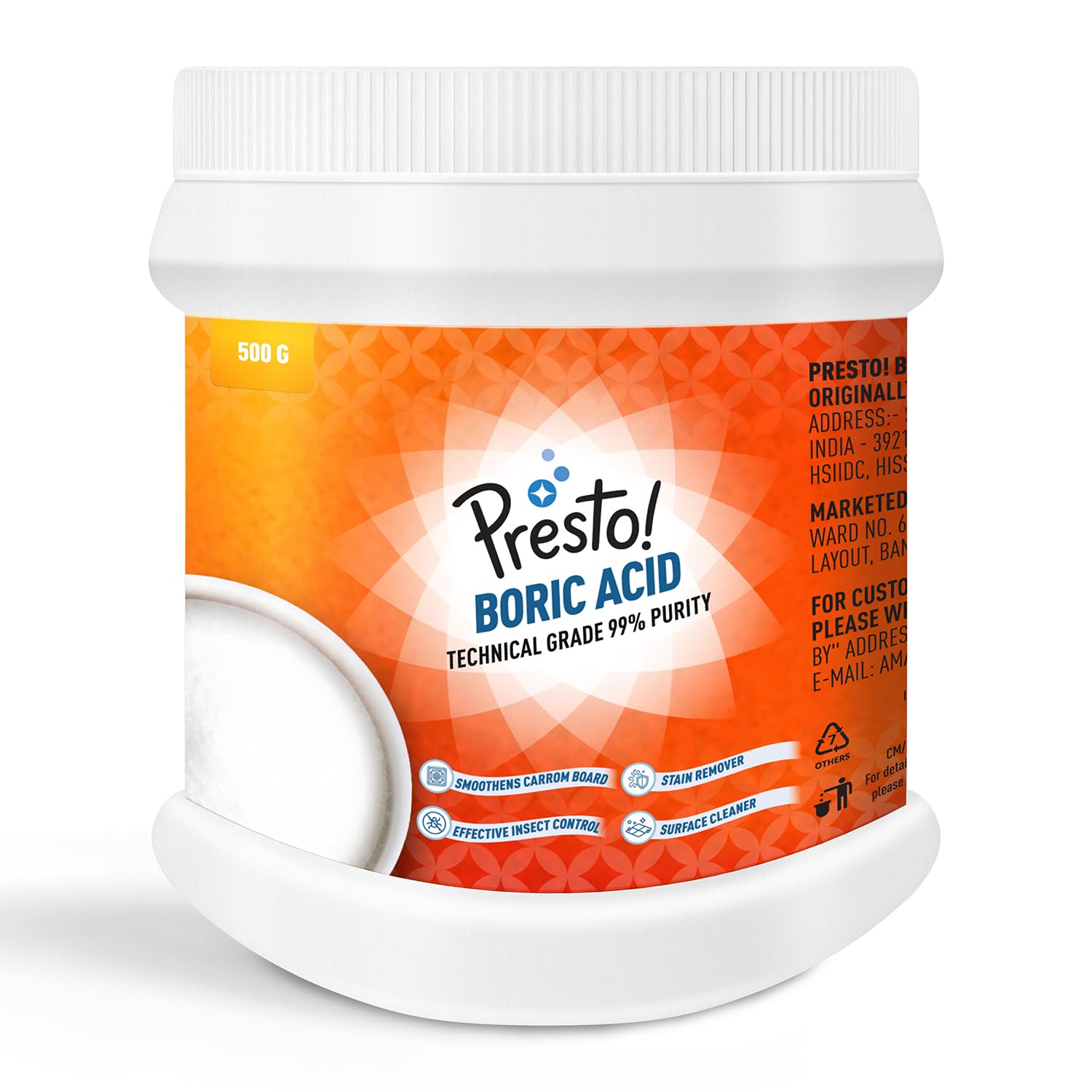 Amazon Brand - Presto! Boric Acid 500 g | Techincal Grade 99% Pure | Multipurpose Use for Pest Control, Cleaning, & Carrom Board