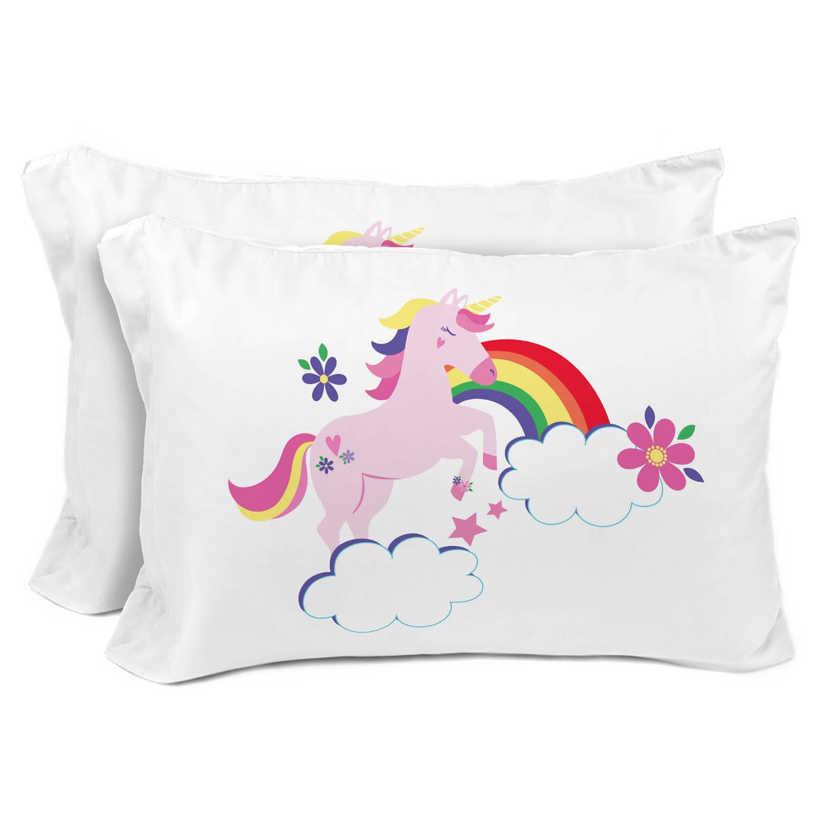 Sunny Side Up Rainbow Unicorns 2 Pack Reversible Pillowcases - Double Sided Pillow Covers, Kids Super Soft Floral Bedding