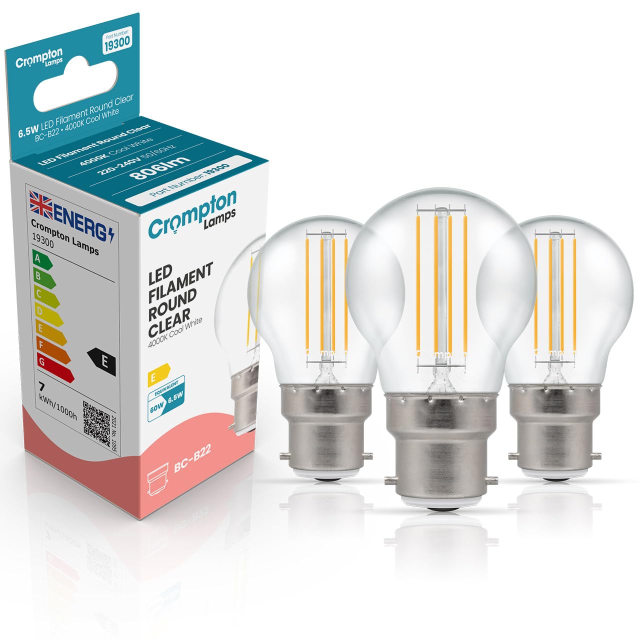 Crompton Lamps Filament Golfball LED Light Bulb BC-B22d | 6.5W = 60W Equivalent | Cool White 4000K | Energy Efficient | Bayonet Lightbulb | Long Life 15,000-Hrs | Clear Glass | 3-Pack