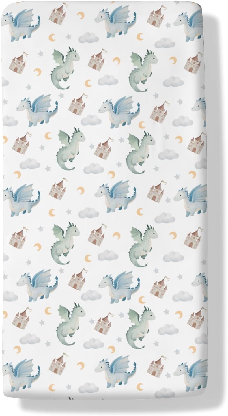 Cute Baby Dragons Castle Crib Sheets Watercolor Fairytale Dragon Moon Stars Soft Breathable Baby Sheets Fantasy Animal Fitted Crib Mattress Cover for Standard Mattress 28x52in