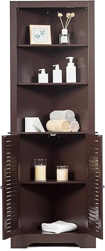 GOFLAME Armario de almacenamiento esquinero, gabinete esquinero con puertas de persiana y estante ajustable para baño, sala de estar, comedor o