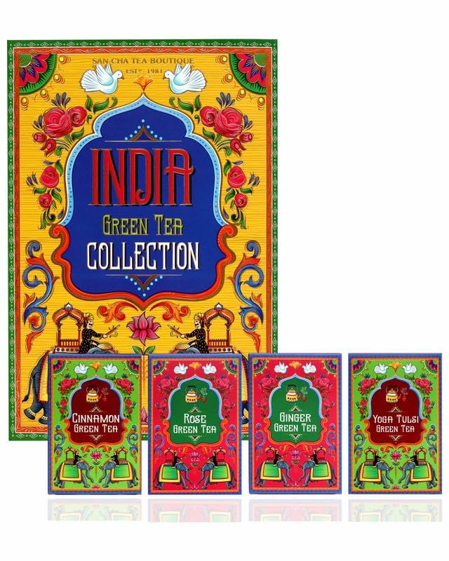 Image of Sancha Tea Boutique, India Green Tea Collection, Luxury Gift Box - 4 Assorted Blends (Cinnamon, Rose, Ginger & Tulsi Green), 200g Loose Leaf Hamper