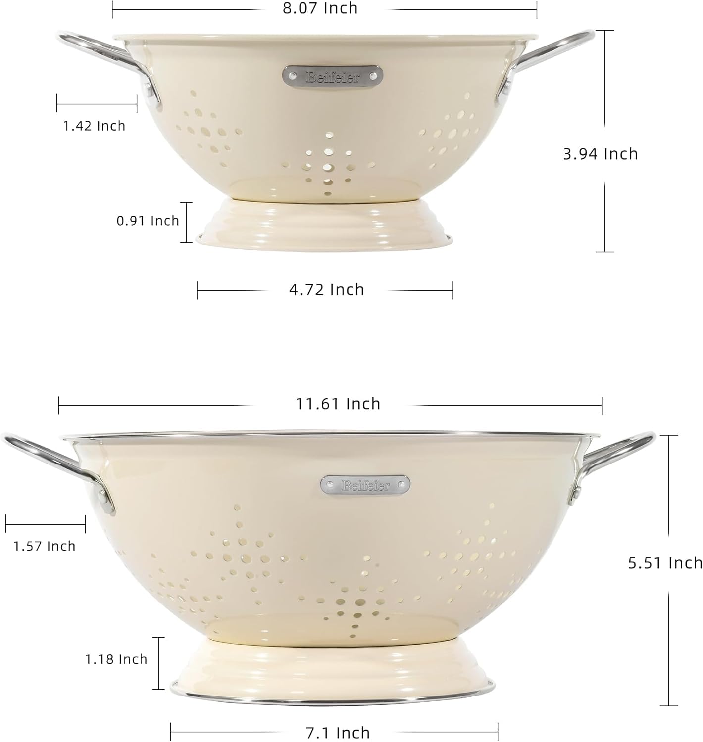Metallsieb-Set – 2 & 6 Quart, Sieb für die Küche mit Griff und Boden, Küchensieb zum Abtropfen von Nudeln, Obst, Gemüse, spülmaschinenfest (Mandelcreme)