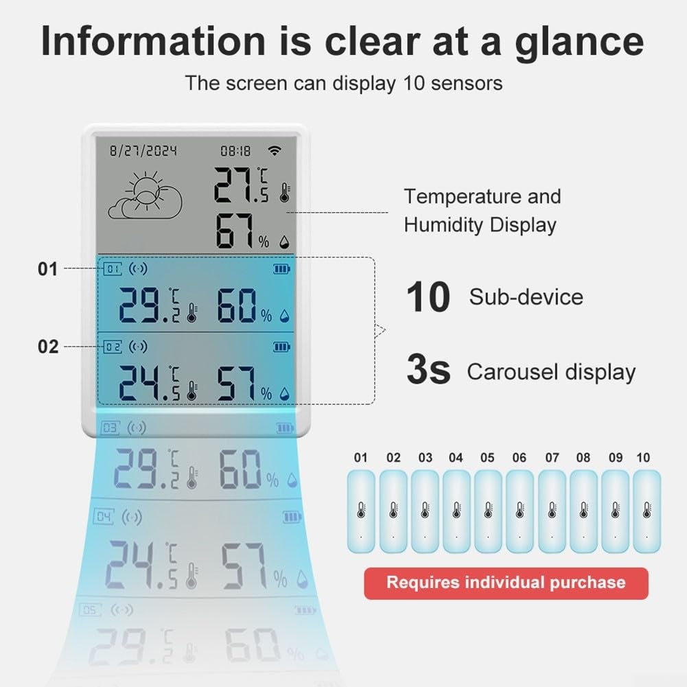 für tuya WiFi Temperatur Luftfeuchtigkeit Sensor LCD 100m Reichweite(1*Monitoer+10*Sensor)