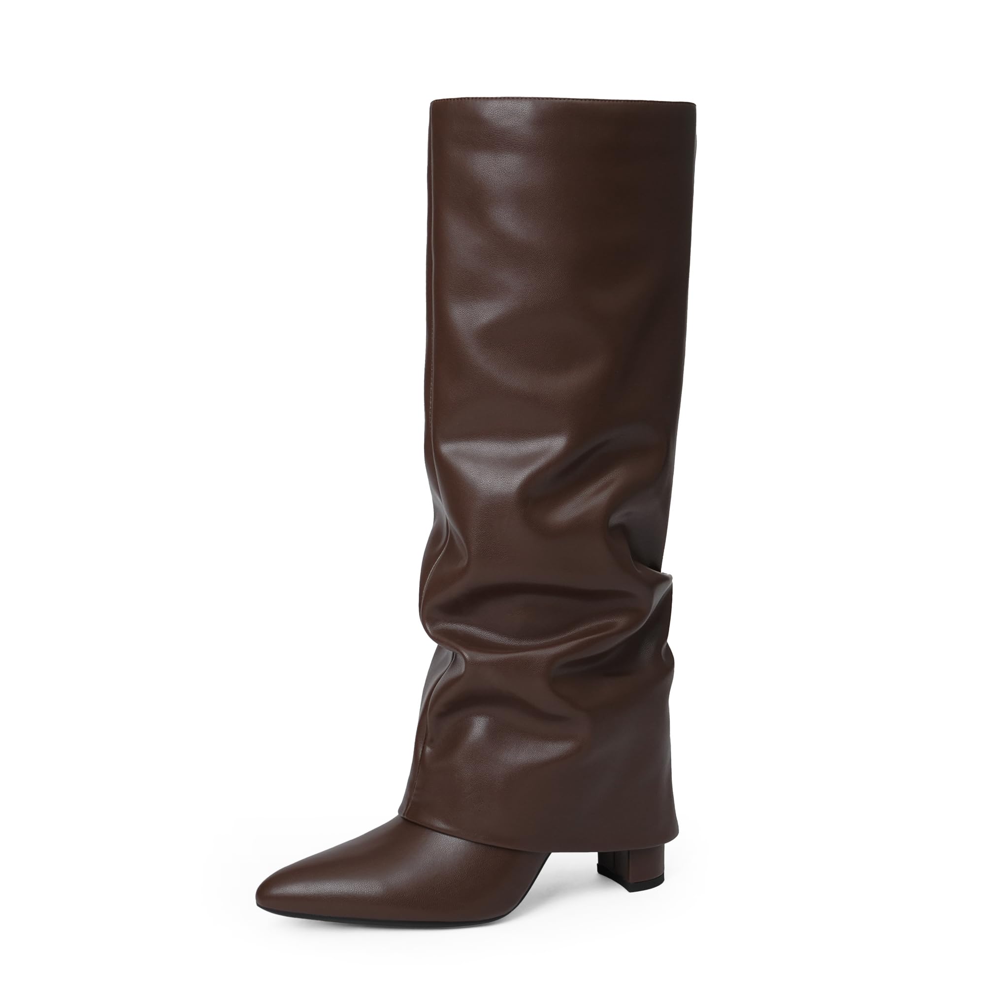 Modatope Knee High Boots Women Fold Over Knee High Boots Chunky High Heels Long Boots Zipper Pointed Toe
