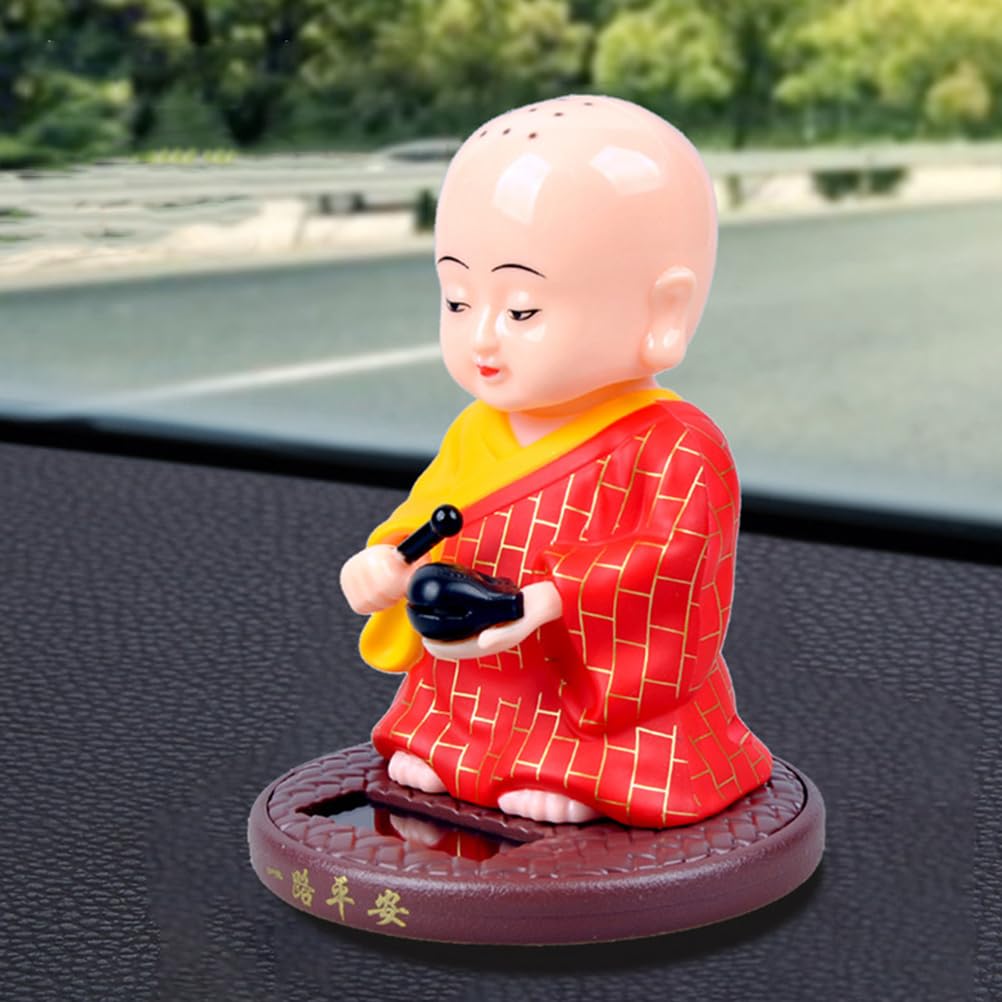 PRETYZOOM Little Monk Figurine, Solar-Powered Monk Ornament Car Dashboard Decoration, Plastic Monk Buddha Statue Bobble Head Toy for Home Office