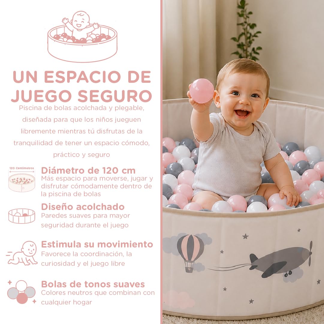 Piscina de Bolas Bebe 120cm Gris Plegable Parque Infantil con 100 Bolas de 7 cm Alfombra Base Bolsa Transporte Piscina de Pelotas para Niños Juego Sensorial Motricidad para Interior y Exterior
