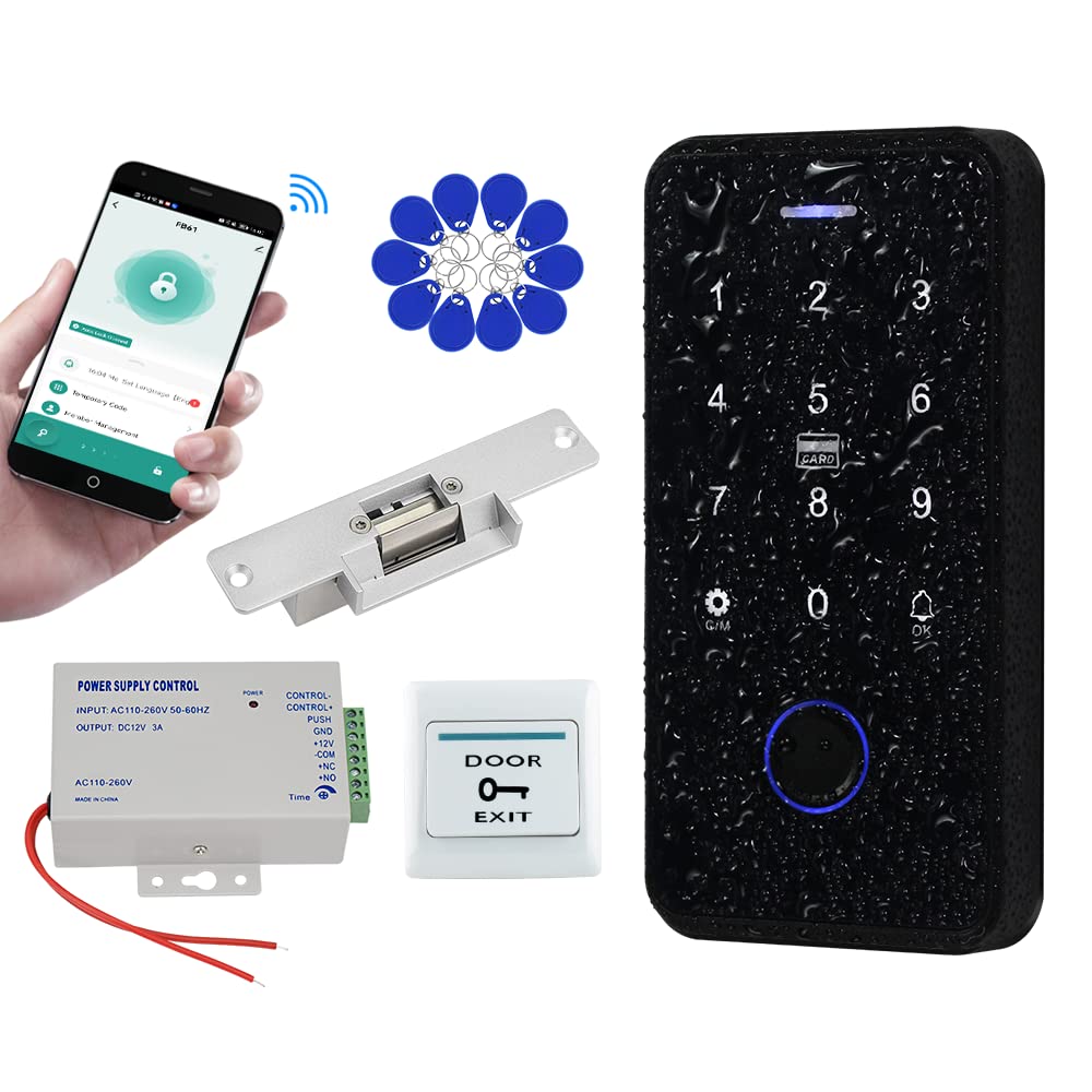 QTTYELOK Bluetooth Tuya Access Control System Kit IP68 Outdoor Waterproof Fingerprint RFID Keyboard + NC Fail Safe Electric Strike Locks + DC12V Power Supply + 10pcs 13.56MHz Keyfobs