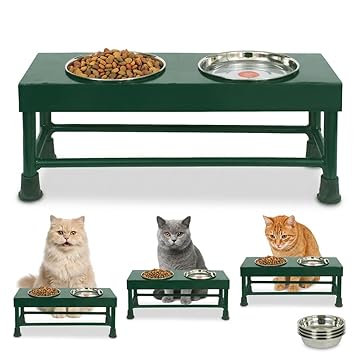 Jetstar Cat Feeder with Stand for Indoor Cats | Stainless Steel Food & Water Bowls with Iron Stand | Anti-Slip Elevated Cat Feeding Station | Forest Green | 300 ml x 2 Bowls - Forest Green