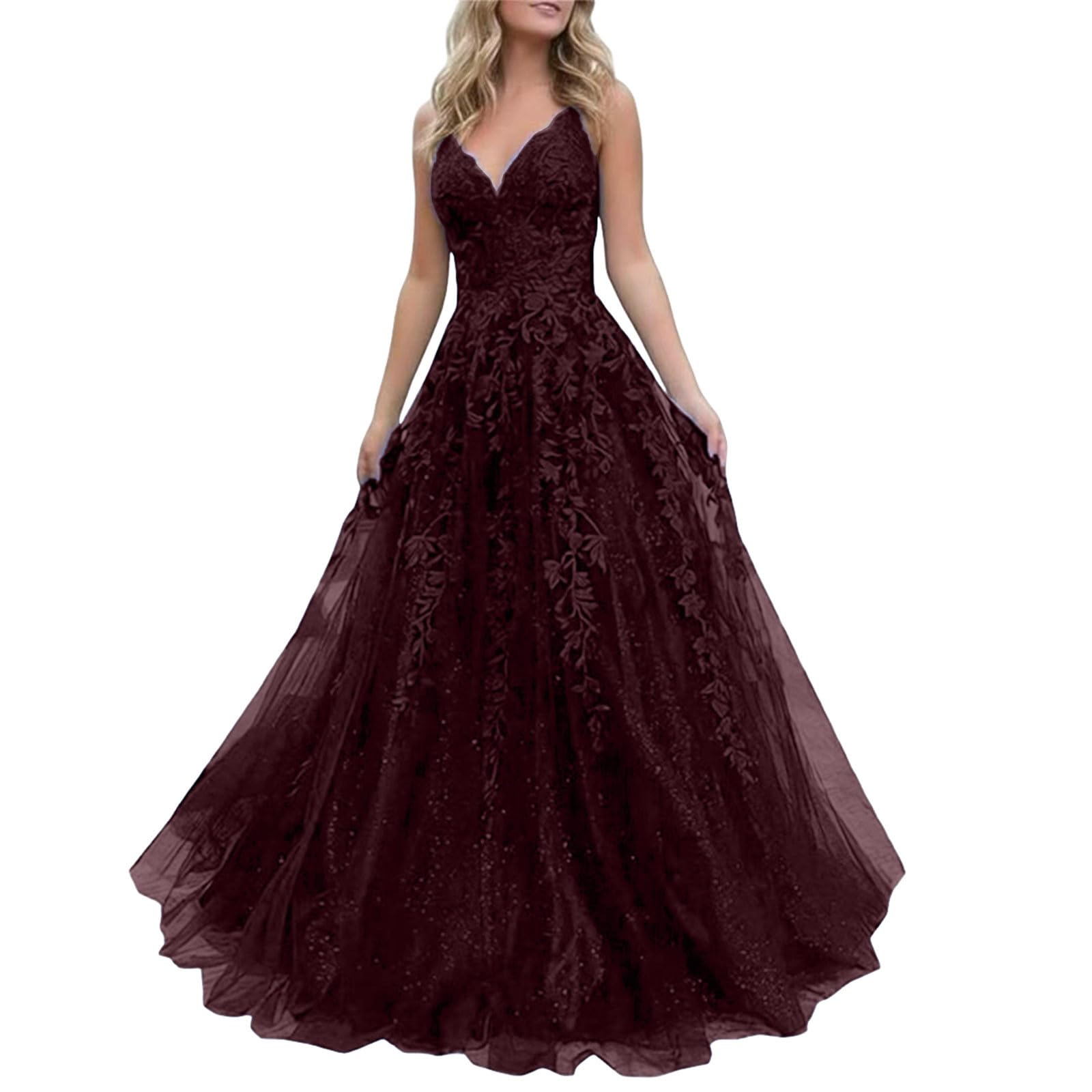 Generisch Abendkleider Elegant für Hochzeit Kleider Spaghettiträger Spitzenapplikationen Ballkleider Lang V-Ausschnitt Hochzeitskleid Rückenfreies Brautjungfernkleid Abschlussball Cocktailkleid