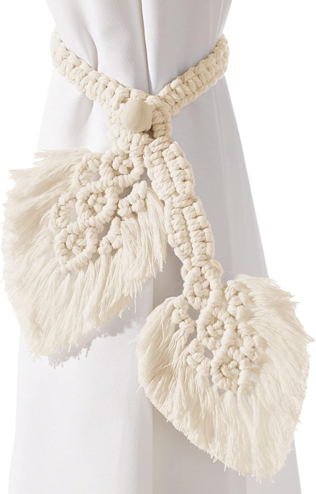 2 Pack Boho Curtain Tiebacks,Hand Knitting Cotton Curtain Holdbacks with Adjustable Natural Wooden Bead,Double Leaves Farmhouse Theme Curtain Tie Backs, for Indoor Outdoor Drapes Decorative,(Beige)