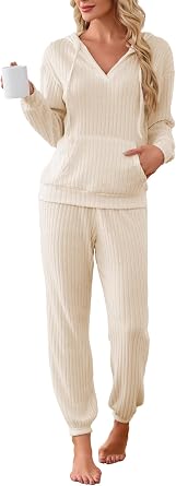 Famulily 2 Piece Loungewear Sets for Women Ribbed Knit V Neck Hoodies and Jogging Bottoms,Ladies Tracksuits Soft Leisure Suits Long Sleeve Pyjamas Nightwear