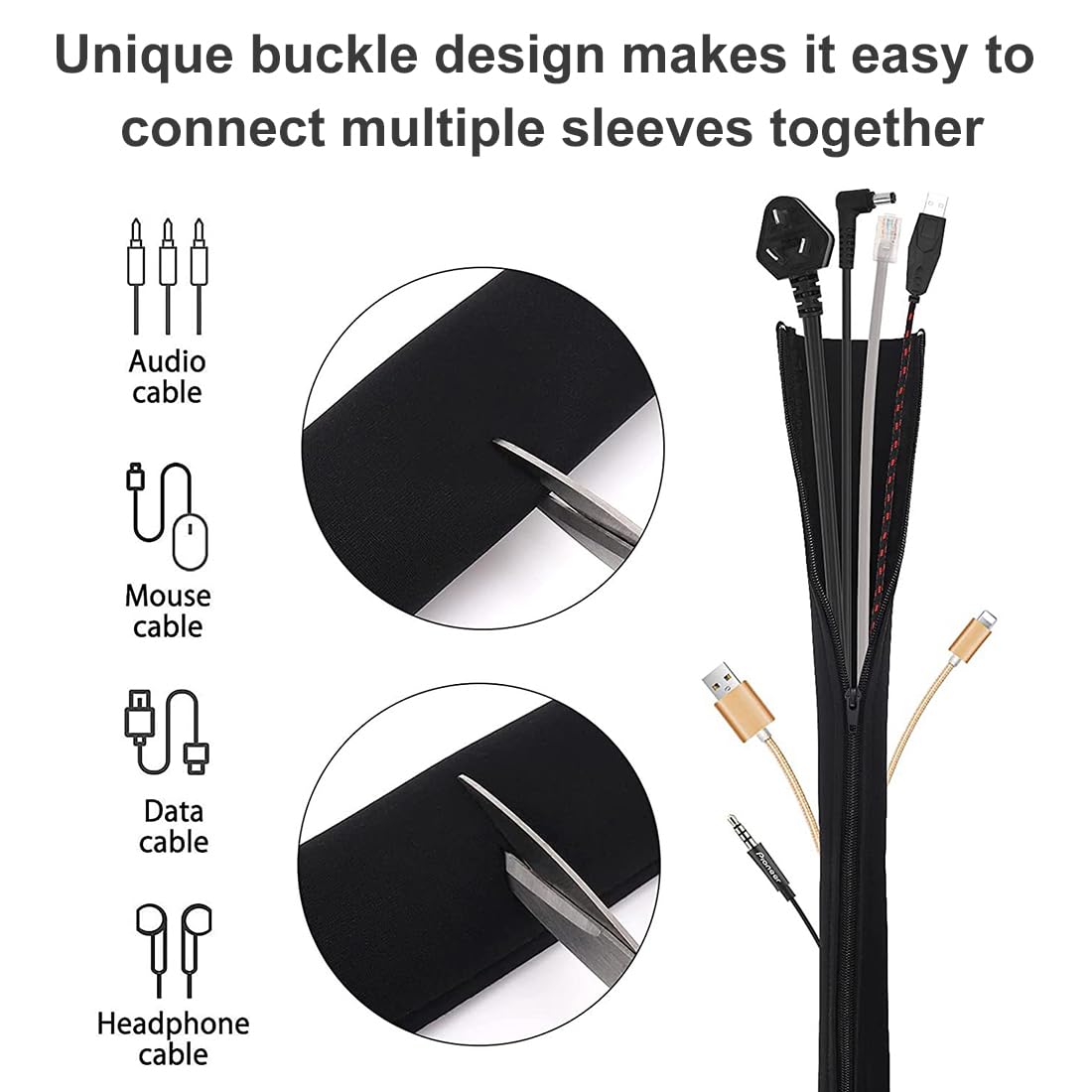 4 Guaine Organizzatrici Cavi 1.5m - Con Cerniera, Diametro 20-25mm, Per TV, PC, USB