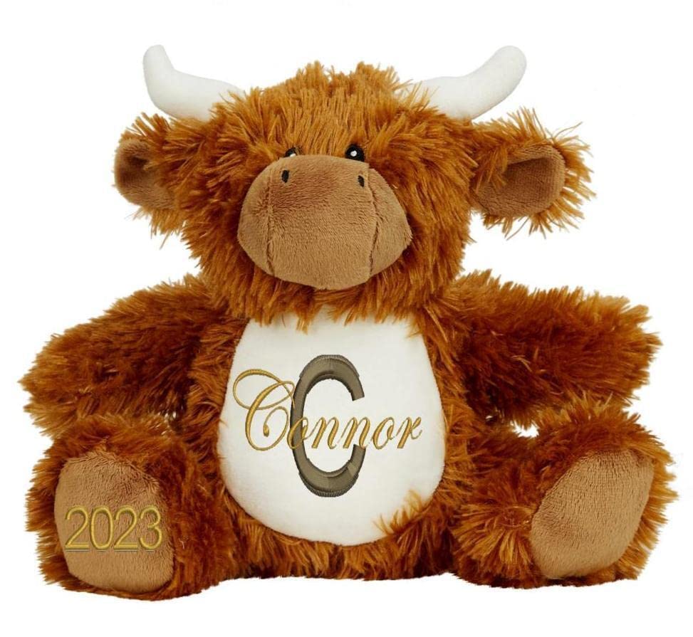 Personalised Teddy Bear and Animal Soft Plush Toys with Name & Initial, Customisable Baby Gift, New Baby Gift, Baby Boy, Baby Girl, Baby Shower Gift, Birthday Gift, Christening Gift (Highland Cow)