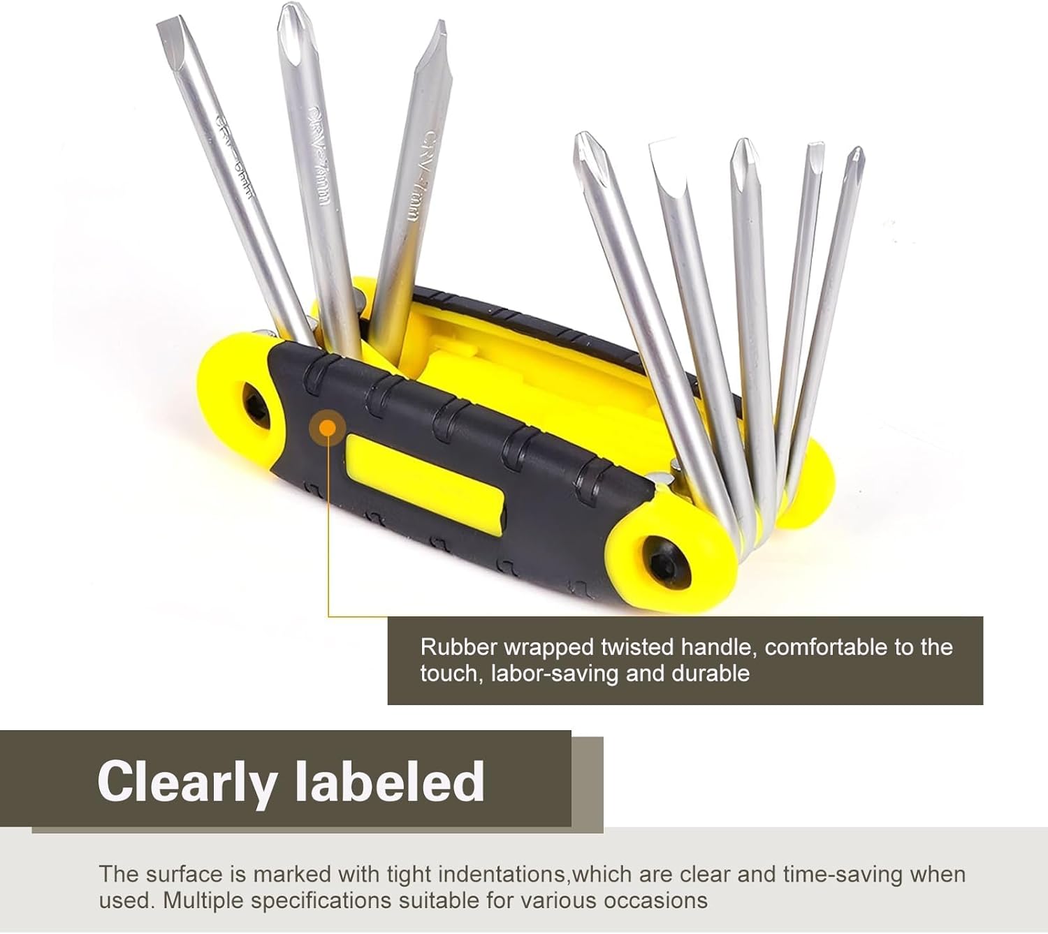 Folding Screwdriver Set, 8-in-1 Foldable SAE and Metric Keys with Anti-slip Grip, Carbon Steel Portable Screwdriver, Multifunctional Repair Tool for Most Vehicles (Yellow)