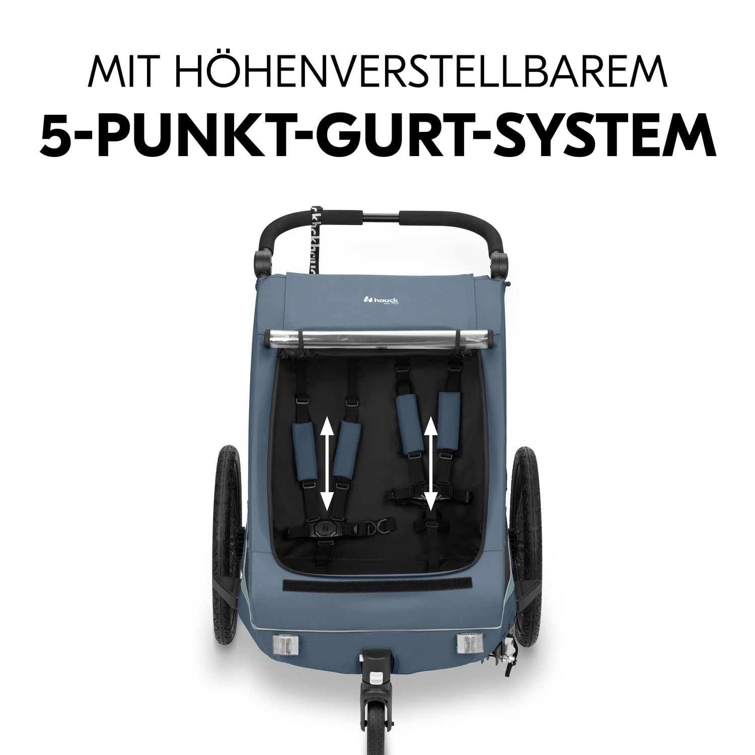 hauck Fahrradanhänger & Kinderwagen Set Dryk Duo Plus für 2 Kinder (6-48 Monate), inkl. Regenschutz, Sonnensegel, Deichsel, Buggyrad, Fahne und LED Licht