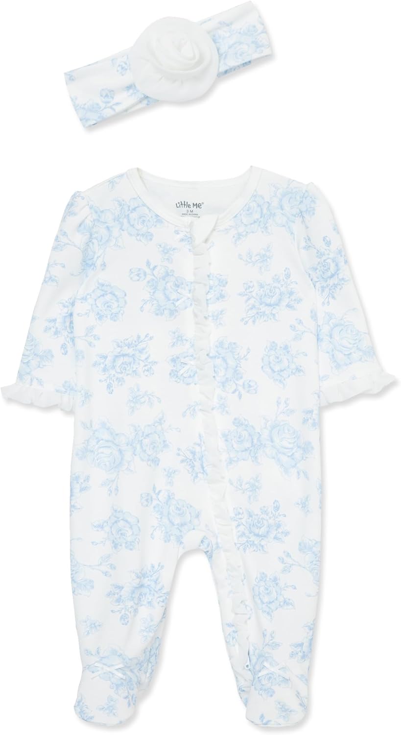 Little Me Clothes for Baby Girls 100% Cotton 2Pc Zipper Closure Footie and Headband Set, Baby Essentials, Preemie to 9 Months