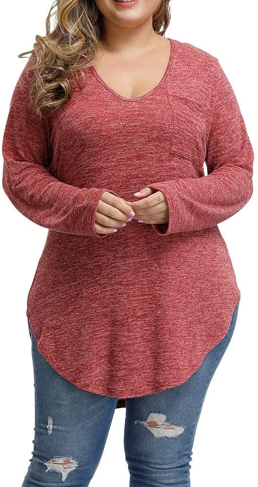 Allegrace Women's Plus Size Tunic Tops Long Sleeve Plus Size T Shirts Casual V Neck Top Brick Red 20W