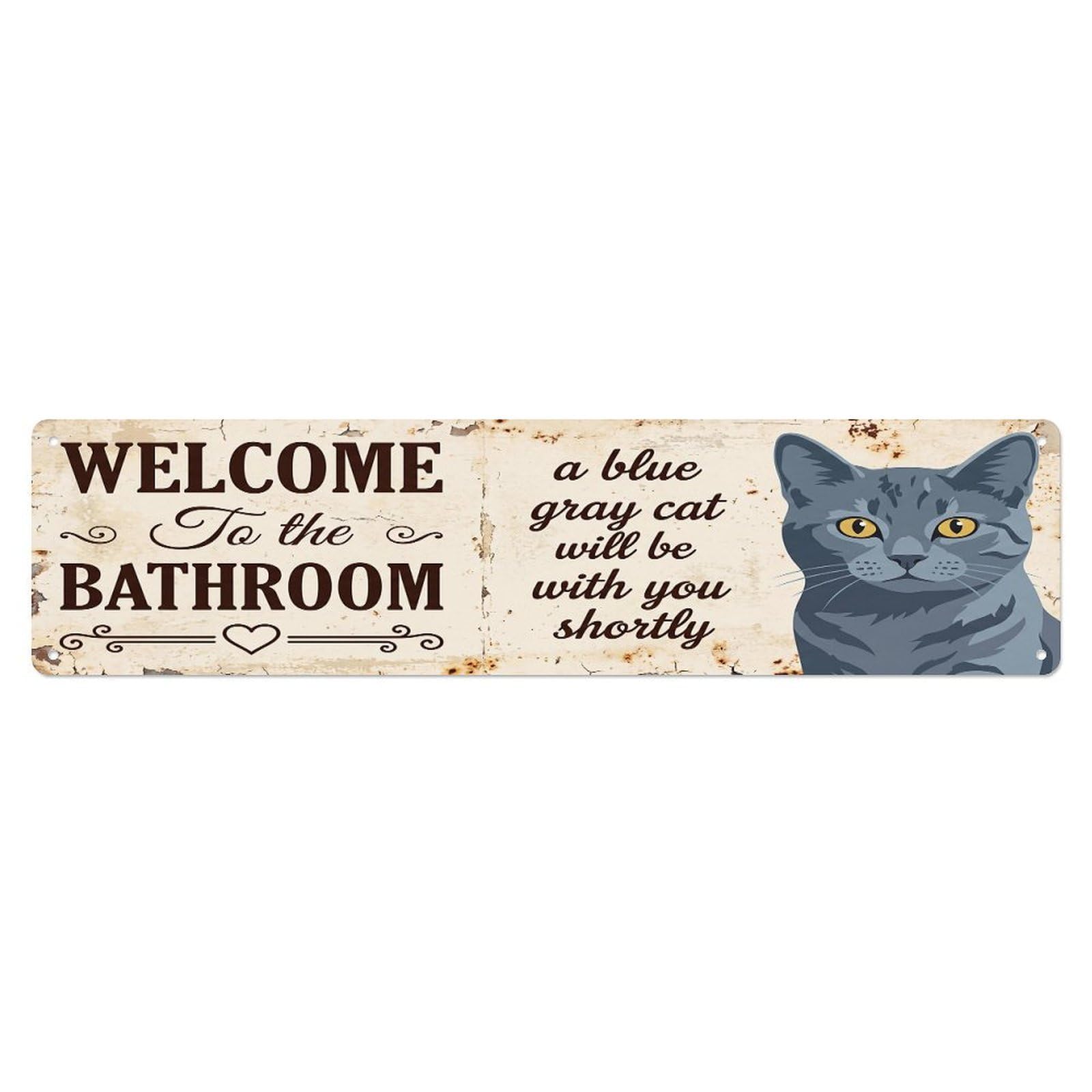 Vintage WELCOME To The BATHROOM Blue Gray Cat Metal Tin Sign