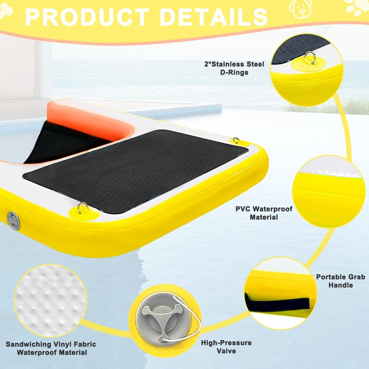 Inflatable Dog Water Ramp, Non-Slip Floating Dock Ladder for Pools, Boats & Lakes, Pool Ramp for Dogs Up to 200 Pounds, Orange Yellow