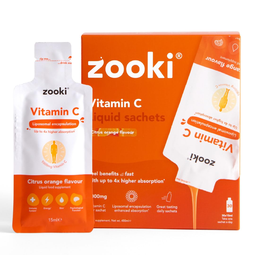 YourZooki Liposomal Vitamin C Zooki 1000mg Liquid Sachets - Alchohol Free, Vegan, Soy Free, Natural Ingredients - Immune System, Skin & Energy Support (Citrus Orange, 30 Count (Pack of 1))