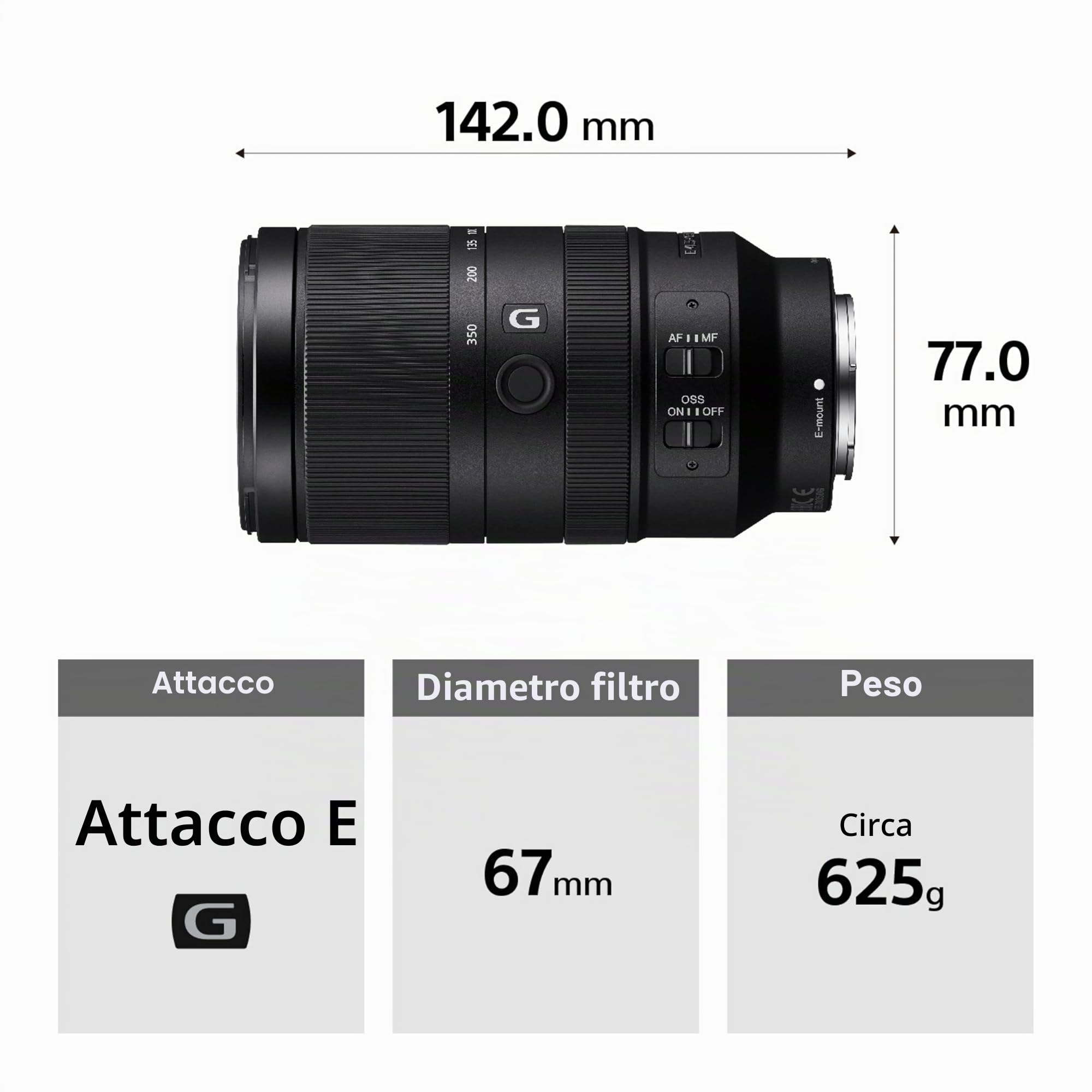 Sony SEL70350G 70-350 mm F4.5-6.3 G OSS Super teleobiettivo zoom per APS-C con stabilizzazione immagine, attacco E-Mount