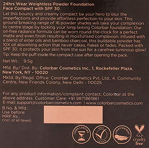 Image of Colorbar Cosmetics 24Hrs Wear Weightless Powder Foundation Matte Finish, 9.5g | Long-lasting | With SPF 30 | Suitable for all skin types | Medium to full coverage | Lightweight | Moisturises skin