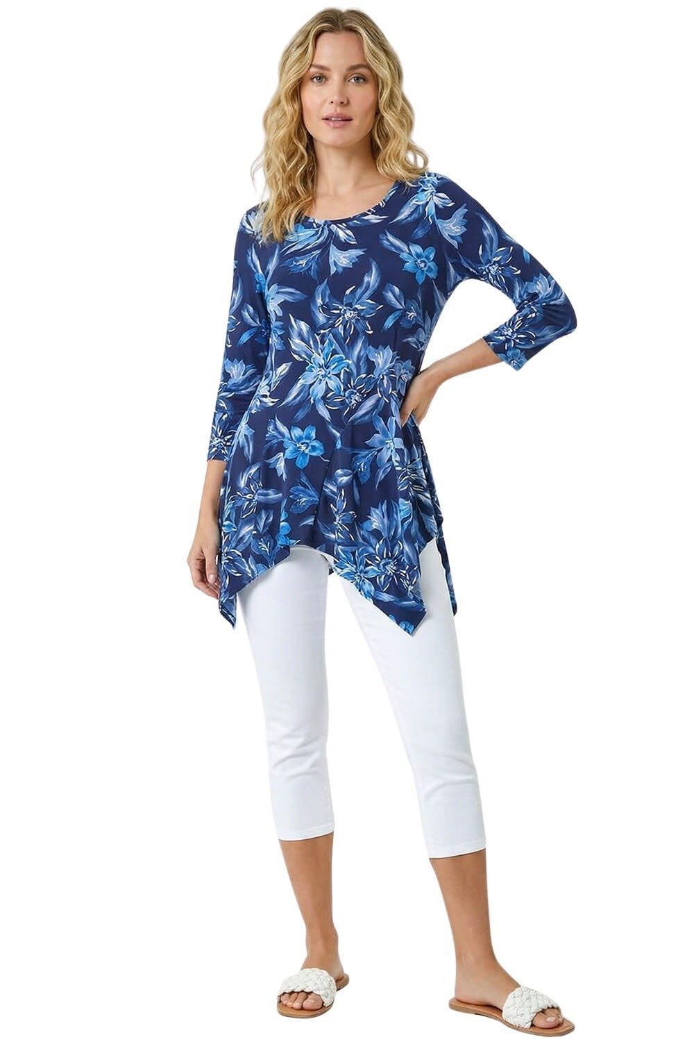 Roman Originals Women's Blue Floral Asymmetric Top Hanky Hem Blouse Stretchy Tunic Occasion Smart Casual Summer Sprint Winter Autumn Cocktail Party Evening 3/4 Short Sleeve - Size 18