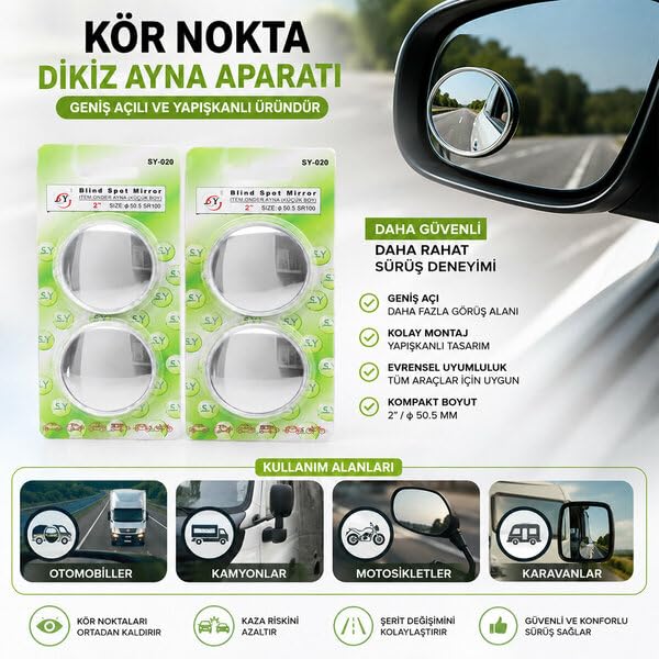 Ayna; Kör Nokta Dikiz Aparatı 2 inç Yapışkanlı Geniş Açılı | Evrensel Uyumluluk, Kolay Montaj