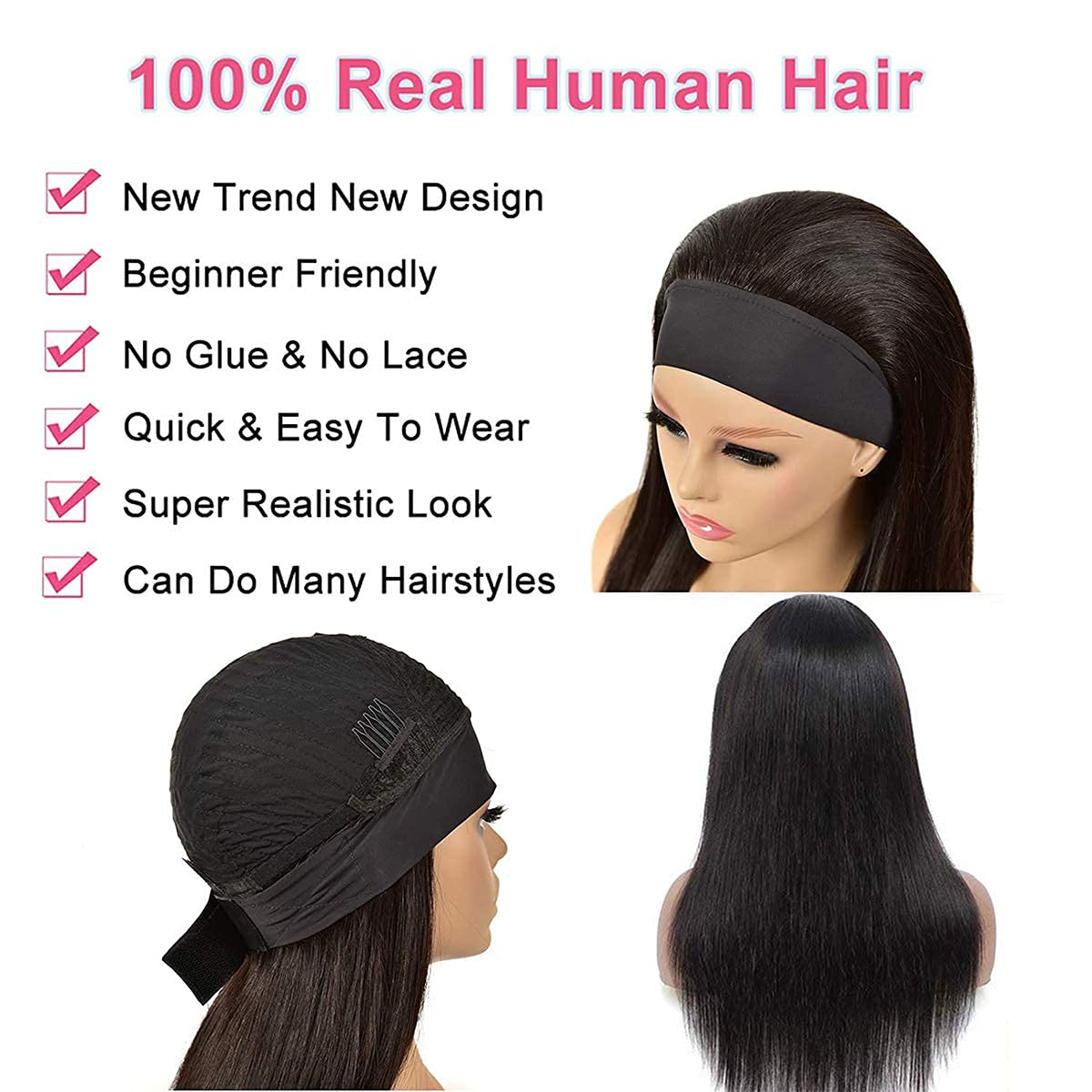 Straight Haedband Wig Human Hair Wigs for Black Women (22 inch) Briazilian Scarf Wig No Gel Glueless Remy Straight None Lace Front Wigs with Elastic Hair Bands Human Hair Half Wig