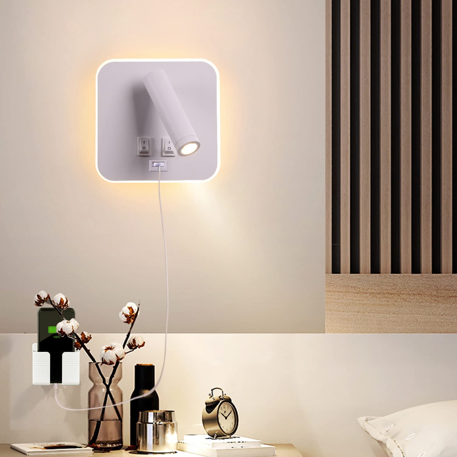 Bañador de pared Dormitorio Interruptor volvible Puerto de carga USB apliques de lectura de pared cama Iluminación de Pared cabecera 360 gradosgiratoria Blanco Cálido 3000K (3W + 10W)