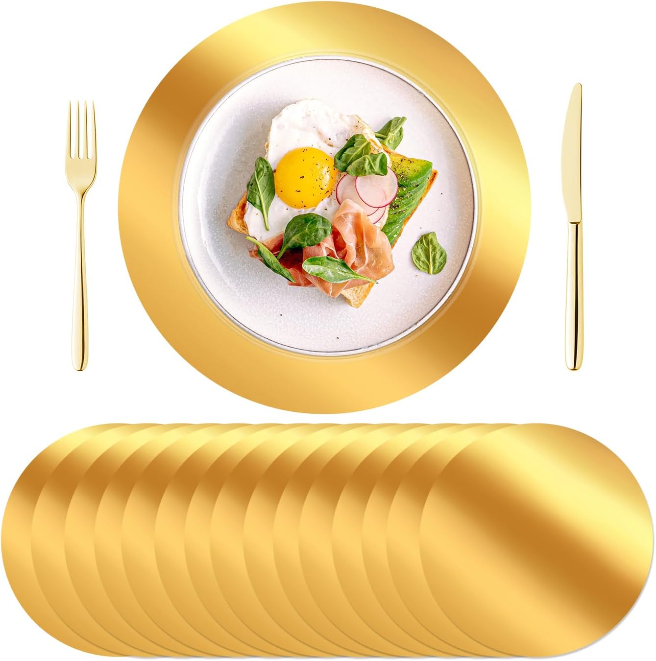 KesaPlan 100PCS Round Gold Placemats, 13" Disposable Paper Placemats for Dining Table, Mirrored Gold Charger Place Mat for Kitchen Banquet Table Setting Wedding Birthday Dinner Party Decor