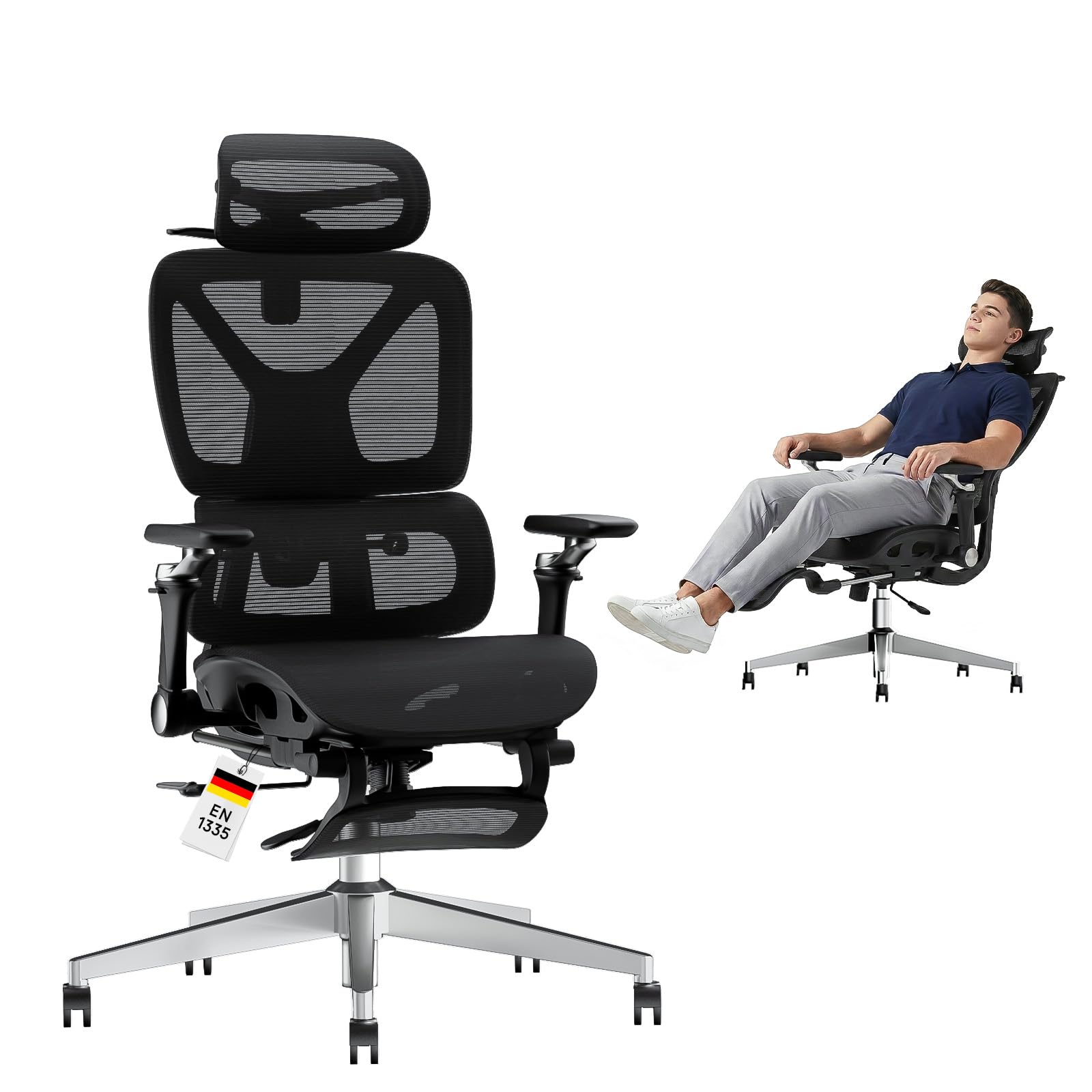 Comfora Ergonomischer Bürostuhl mit 6D Armlehnen Lordosenstütze Schwarz | Ergonomischer Bürostuhl 6D Armlehnen 3D Kopfstütze Lordosenstütze Mesh Rückenlehne 95–135° 150 kg
