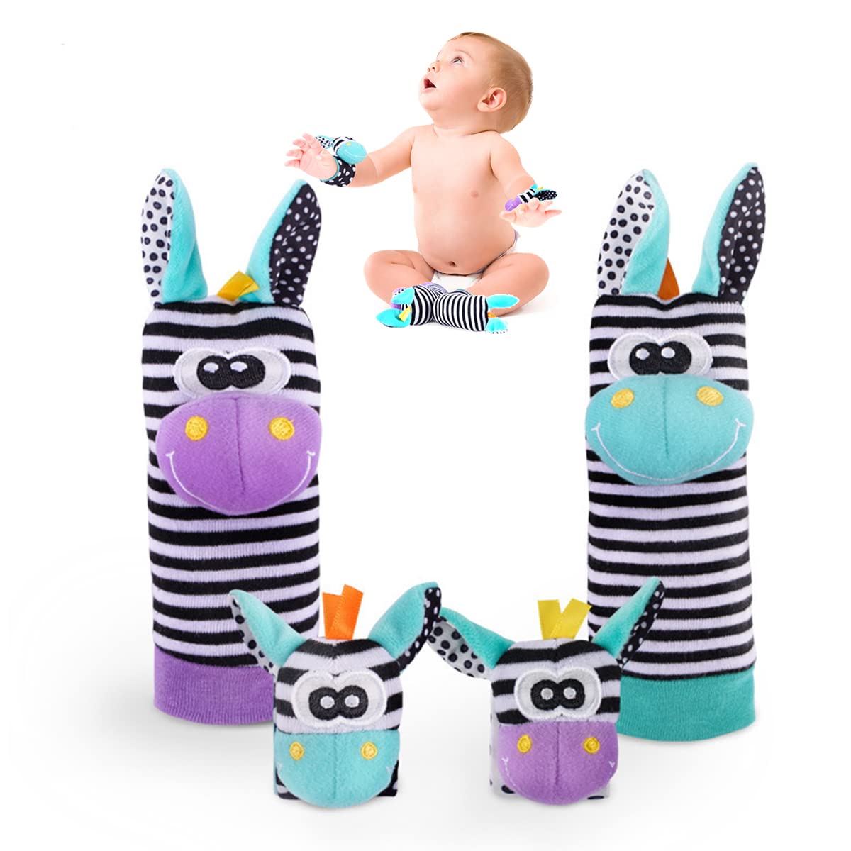 Baby Wrist Rattle Foot Finder Socks Set, Soft Plush Hand