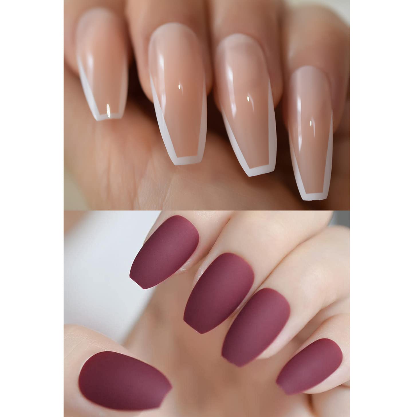 Amazon.com: Coolnail Coffin Press on Nail Art Tips Matte Burgundy Red,  Glossy Natrual Nude French False Nails : Beauty & Personal Care
