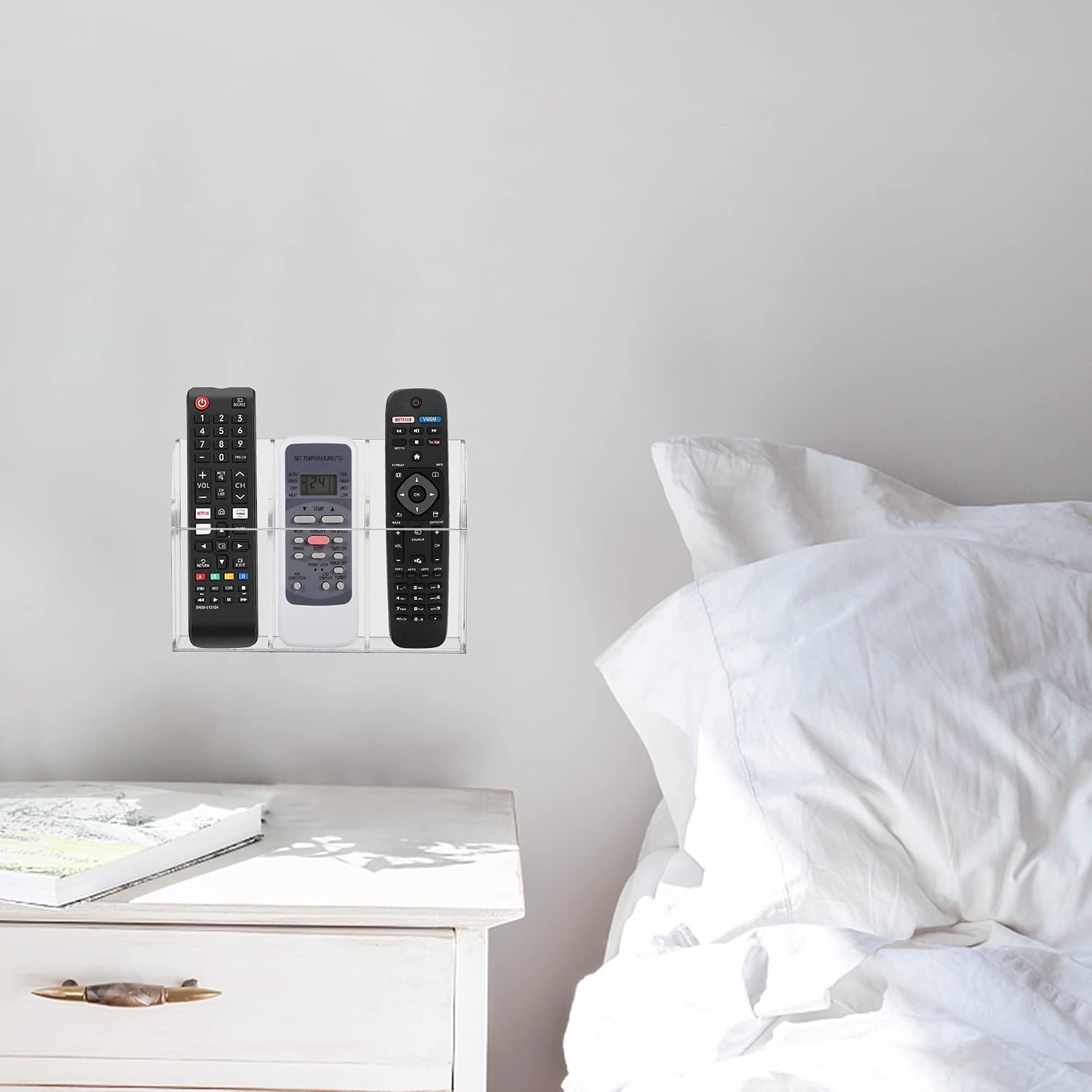 HBlife Acrylic Remote Holder Organizer, Clear TV Remote Control Holder Wall Mount Remote Caddy for Bedside, Media Organizer Storage Box 3 Compartments